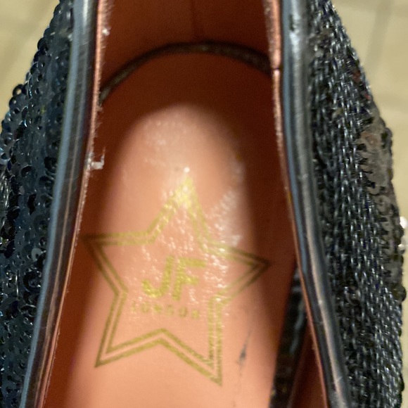 Women’s Sequins Sz 40 formal glam  stacked heel JF London black slip on shoes - Picture 8 of 11